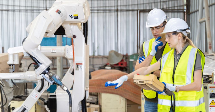 Man and a woman wearing hard hats looking at robotic machine