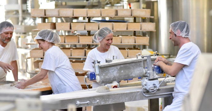 Workers using conveyor belt